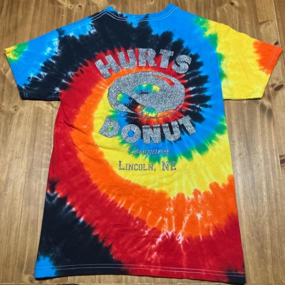 Donut Shop tye-die T-shirt with glitter front & back print